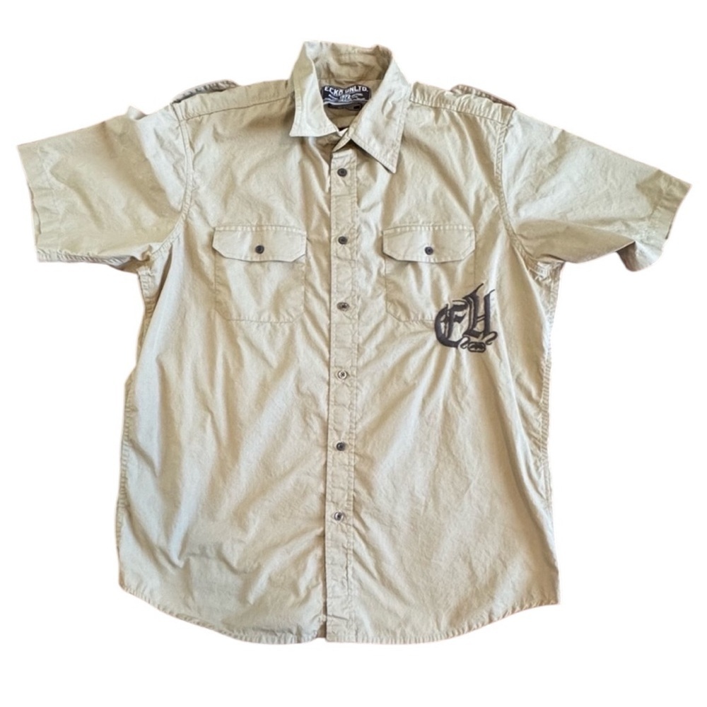 ECKO  UNLTD Shirt Mens XL Khaki Y2K Graphic Print Wings Embroidered Cholo Button